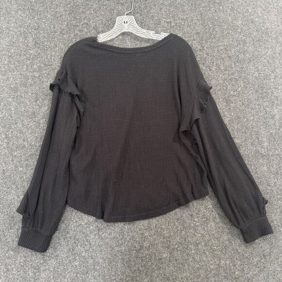 Pilcro Shirt Women's Medium Black Waffle Knit Ruffle Sleeve V Neck Top Blouse - Picture 6 of 8